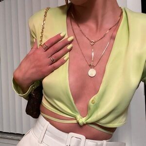 Zara Satin Feel Lime Green Cropped Shoulder Pad Wrap Button Up Down V Neck Sz S